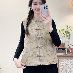 Ethnic Style Printed Collar Collar Collar Button Cotton Vest Women's 2024 Autumn and Winter Loose Elegant Warm Thickened Jacket