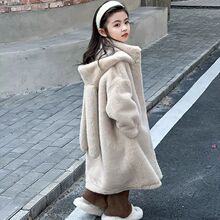 儿童水貂绒毛毛兔耳朵可爱长款女孩连帽加厚冬装长款洋气皮草外套