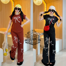 外贸时尚套装女夏季新款学院风甜美印花短袖阔腿长裤休闲两件套潮