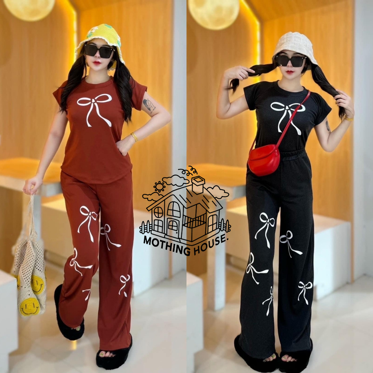 外贸时尚套装女夏季新款学院风甜美印花短袖阔腿长裤休闲两件套潮