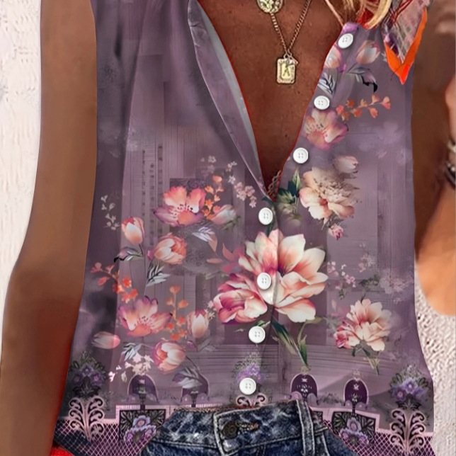 Summer New Artistic Sleeveless Shirt for Women, Retro Bohemian Style Multi-Color Floral Print Women's Top
