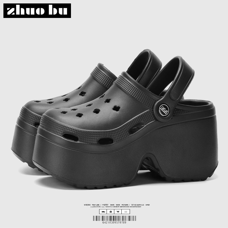 Heightening Croc Shoes Women's Summer Can Be Weared Outside 2024 New Baotou Anti-Slip Seaside Beach Sandals Women's Plaid