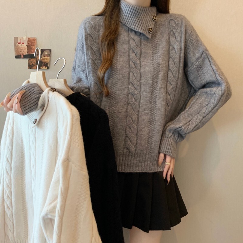 レイジースタイルグレーツイストタートルネックプルオーバーボトミングセーター女性のための秋と冬の厚みのあるデザインインナーボトミングシャツ|undefined