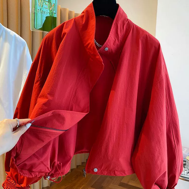 Супер горячая новая красная куртка с воротником-стойкой для женщин, весенне-осенняя свободная повседневная короткая тонкая куртка, топ