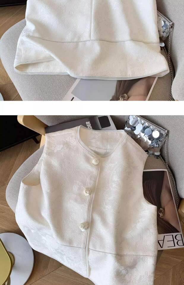 Áo ghi lê nữ dáng cardigan không tay họa tiết hoa jacquard, dài áo 50–65 cm — màu đen chi tiết 15