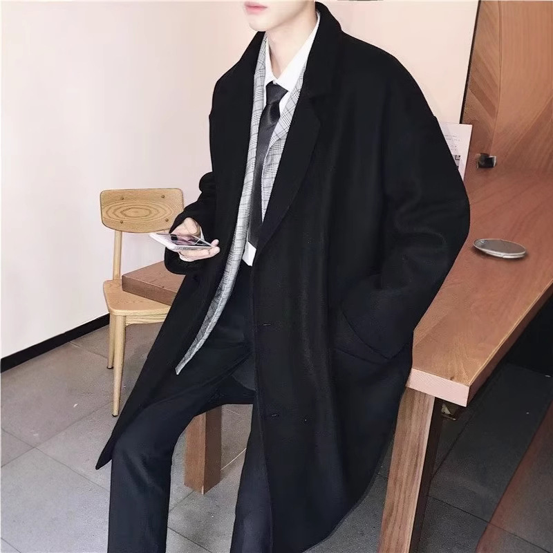 블랙 모직 코트 남자 2024 년 겨울 하이 스트리트 트렌디 브랜드 중간 길이의 코트 코트 루스 더피 안 핸섬 캐주얼 탑