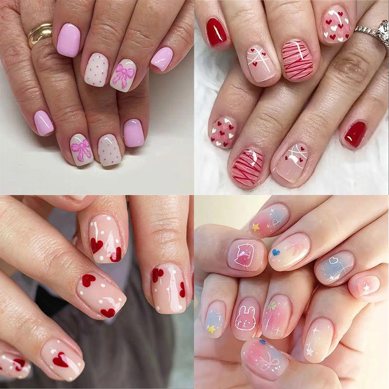 Cross-Border Nail Art Pieces European and American Valentine's Day Collection Heart Polka Dot French Style Rabbit Cat Short Style Wearable Nails