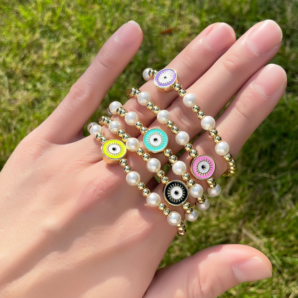 European and American bracelet female evil eyes beaded pearl copper bracelet wholesale