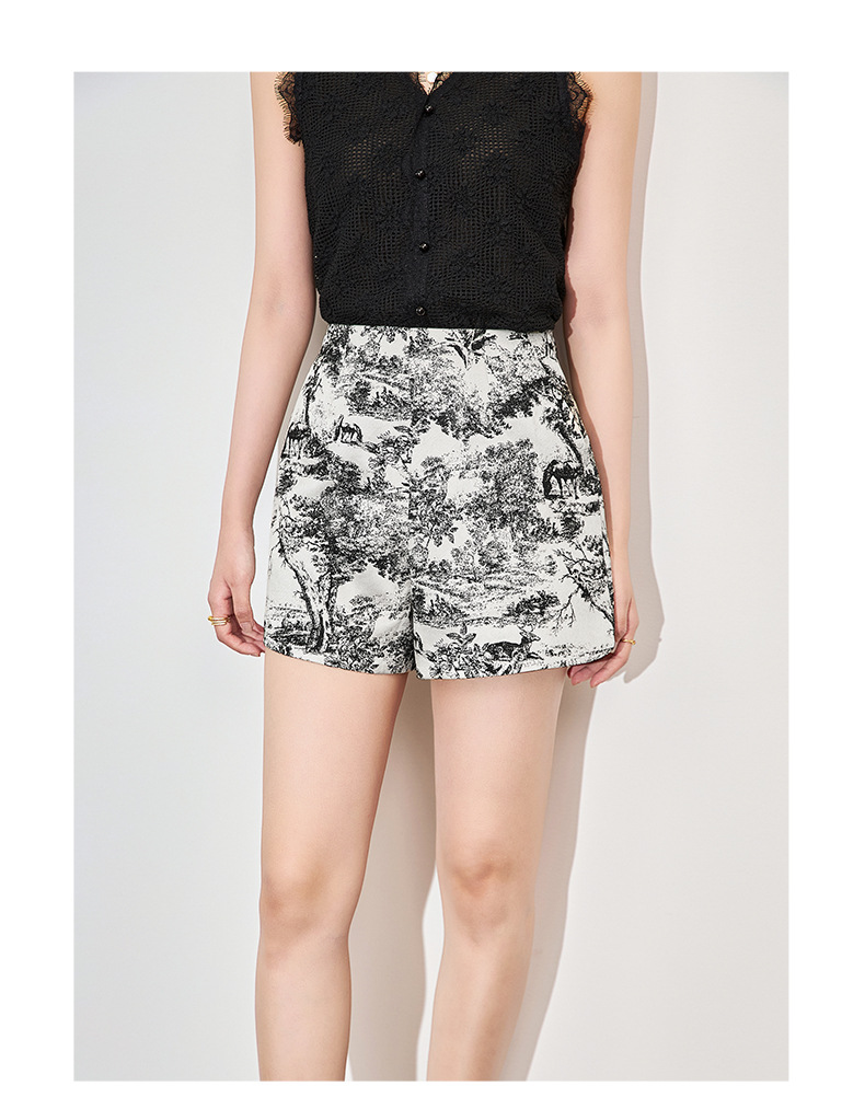 Quần short nữ cạp cao họa tiết tranh mực nổi jacquard phong cách thời trang cao cấp — Màu hoa chi tiết 7