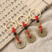 金属红绳五帝铜钱半成品钥匙扣配件绳五个铜钱钥匙链配件厂家批发