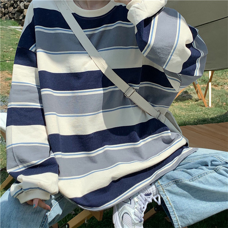 Autumn Clothing 2026 New Harajuku Style Ins Trendy Sweatshirt Striped Early Autumn Loose Long-Sleeved T-Shirt Female Student Top