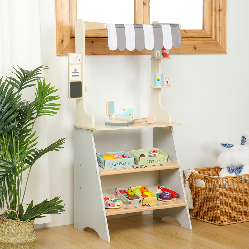 Simulación de madera para niños tienda de conveniencia puesto de frutas puesto de verduras helado hamburguesa tienda play House en línea celebridad juguete al por mayor