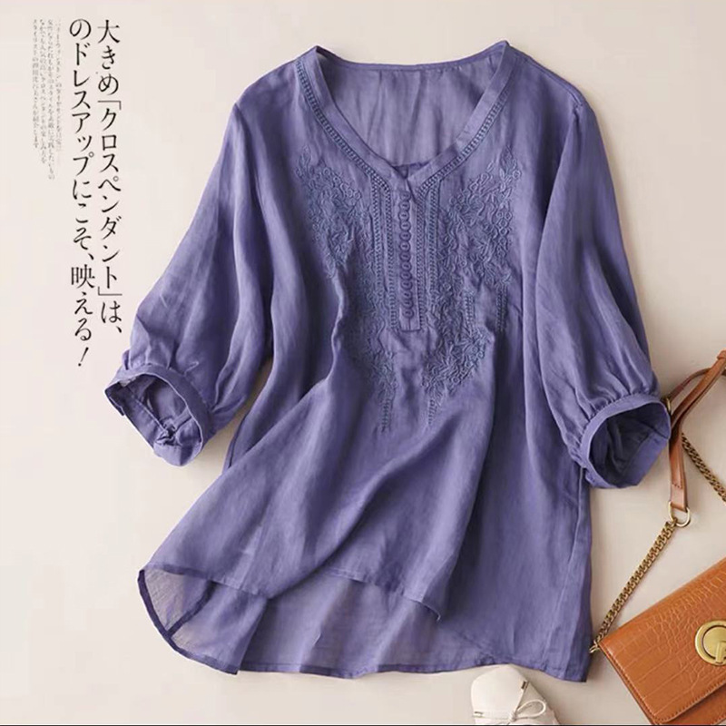 2021春夏新款棉麻文艺复古刺绣t恤上衣女薄款v领大码宽松衬衫女|ru