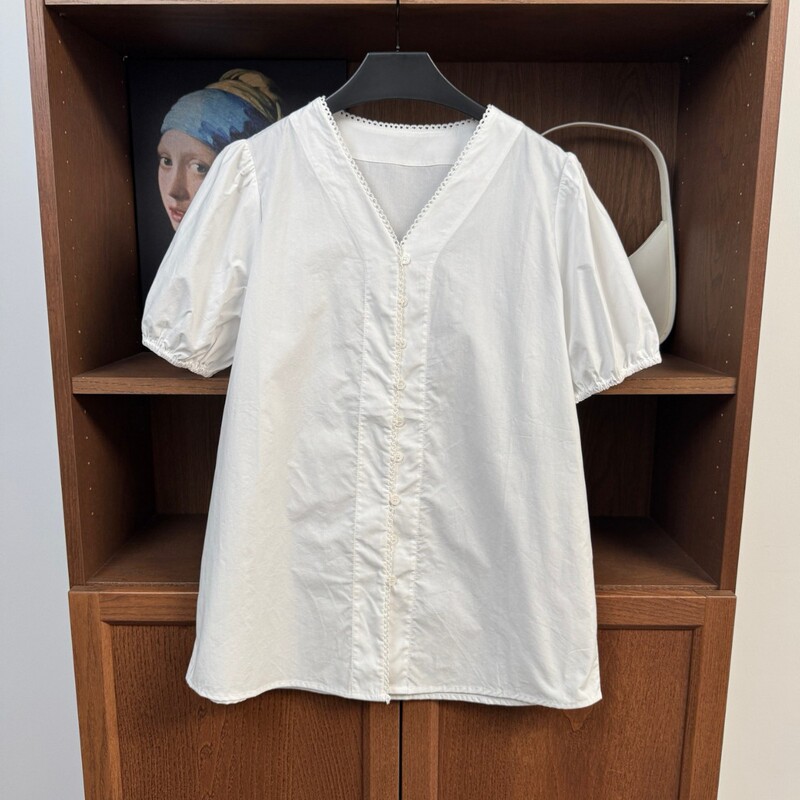 Crochet Lace Puff Short-Sleeved French V-Neck Pure Cotton Shirt