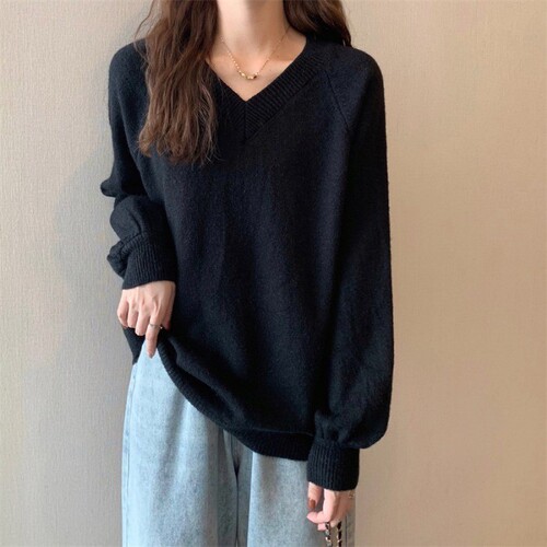 Women's V-neck sweater for autumn and winter, turtleneck knit top, loose and lazy style, Korean version women's clothing