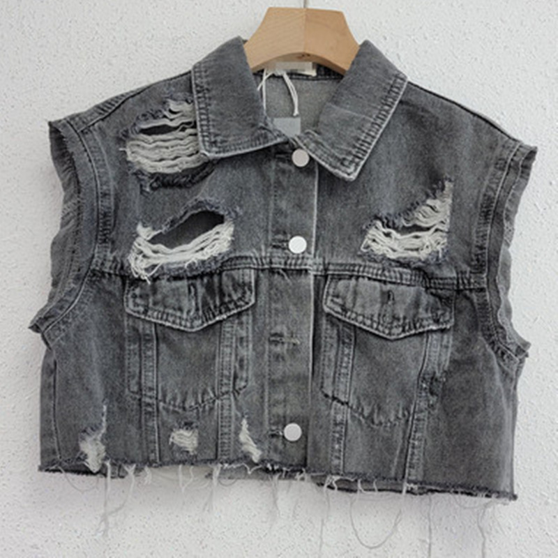 Personalidad europea agujero de bordes de algodón chaleco de vaquero chaqueta de mujer con el verano delgado 2025 nuevo clip corto image 7