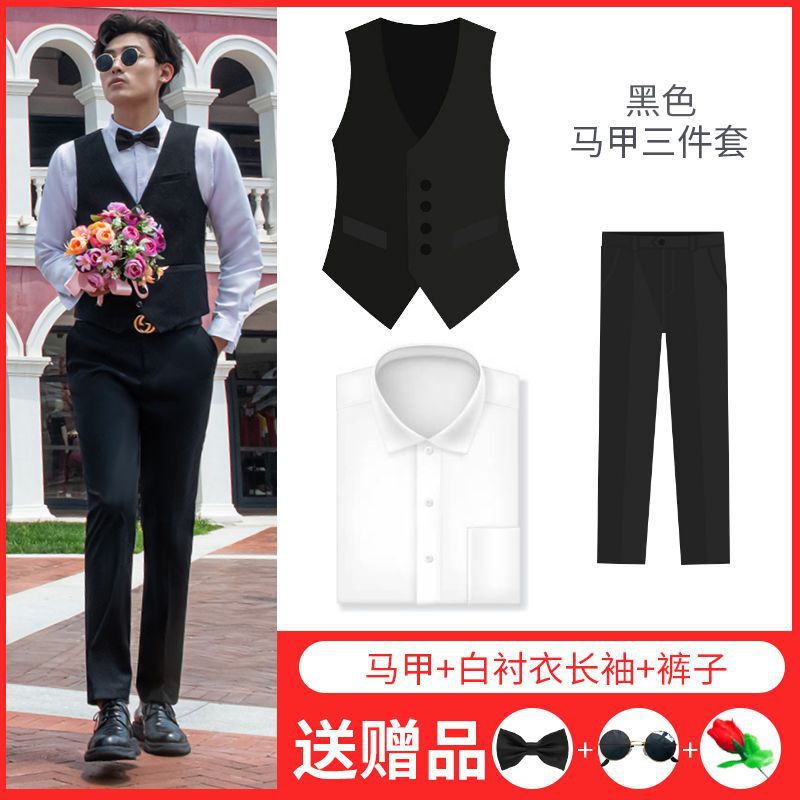 連れ合い服男兄弟団装夏シャツズボン新郎結婚ドレス馬甲三点セットスーツセット|undefined