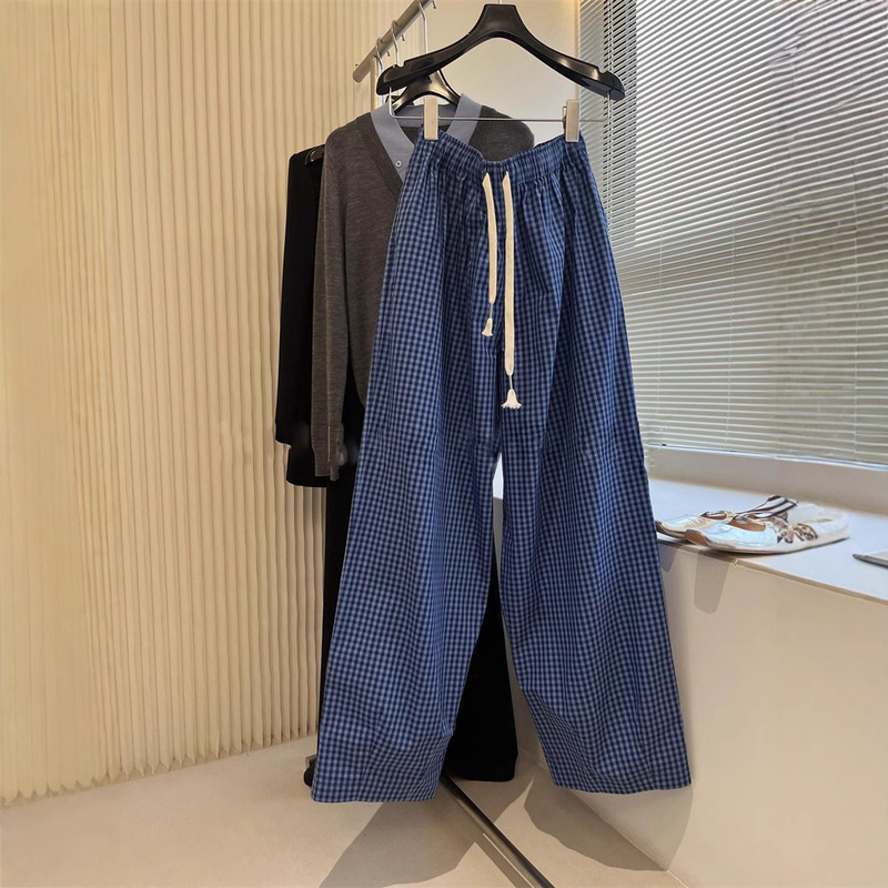 Easy and casual youth color matching trousers small neckline blue check wide leg pants a generation of hair