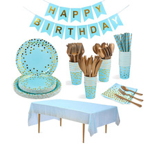 跨境一次性生日派对餐具套装烫金圆点黑色纸杯纸盘纸巾桌布鱼尾旗