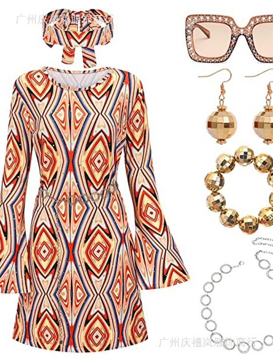 Cross-Border 2026 Halloween 70S Hippie Disco Costume Gogo Dress Headscarf + Dress Two-Piece Set Cross-Border 2026 Halloween 70S Hippie Disco Costume Gogo Dress Headscarf + Dress Two-Piece Set
