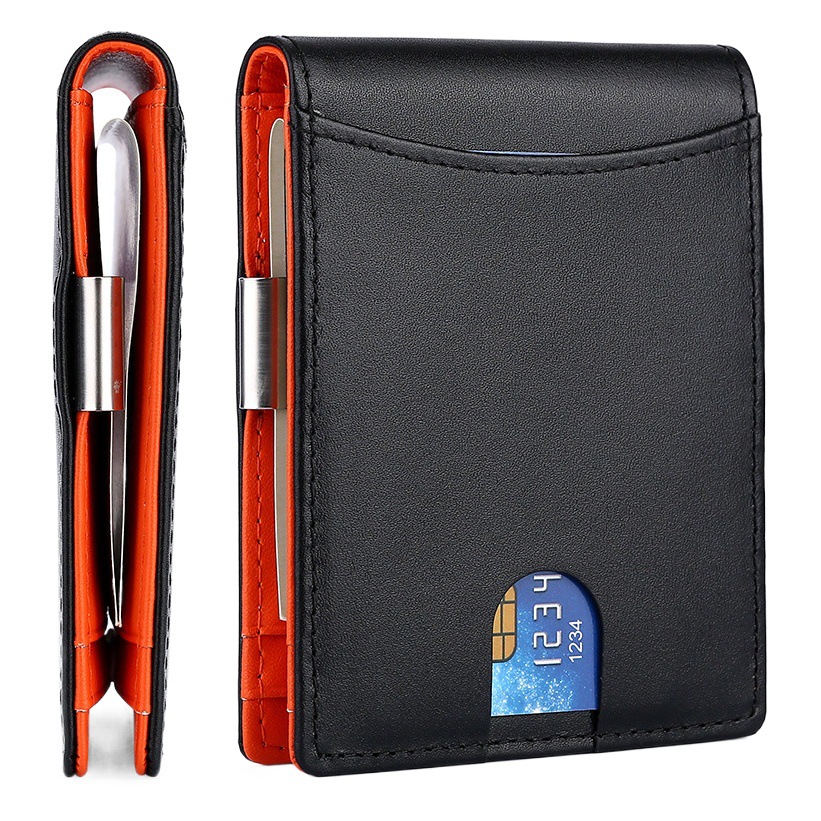 Clip de metal de cuero liso hombres billetera corta de fibra de carbono patrón de fibra de carbono Cartera de oro RFID anti-magnético titular de la tarjeta al por mayor