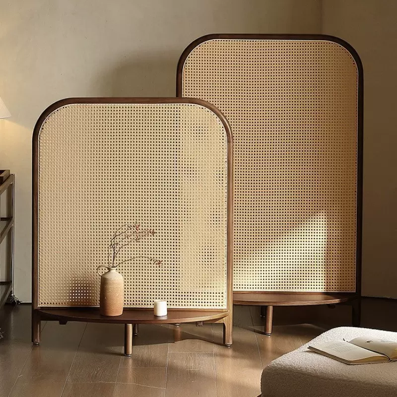 北欧隔断客厅玄关入户新中式卧室可移动简约遮挡座屏藤编实木屏风