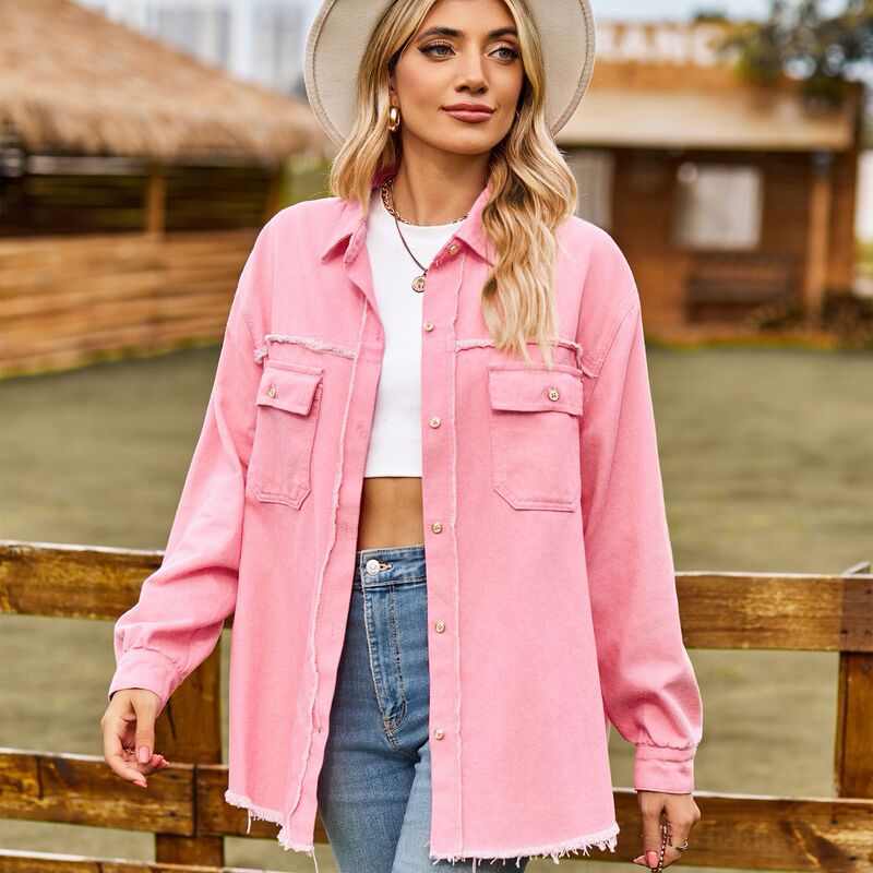 European and American Cross-Border 2024 Autumn Independent Station Amazon New Denim Raw Edge Washed Tassel Top Casual Shirt for Women European and American Cross-Border 2024 Autumn Independent Station Amazon New Denim Raw Edge Washed Tassel Top Casual Shirt for Women