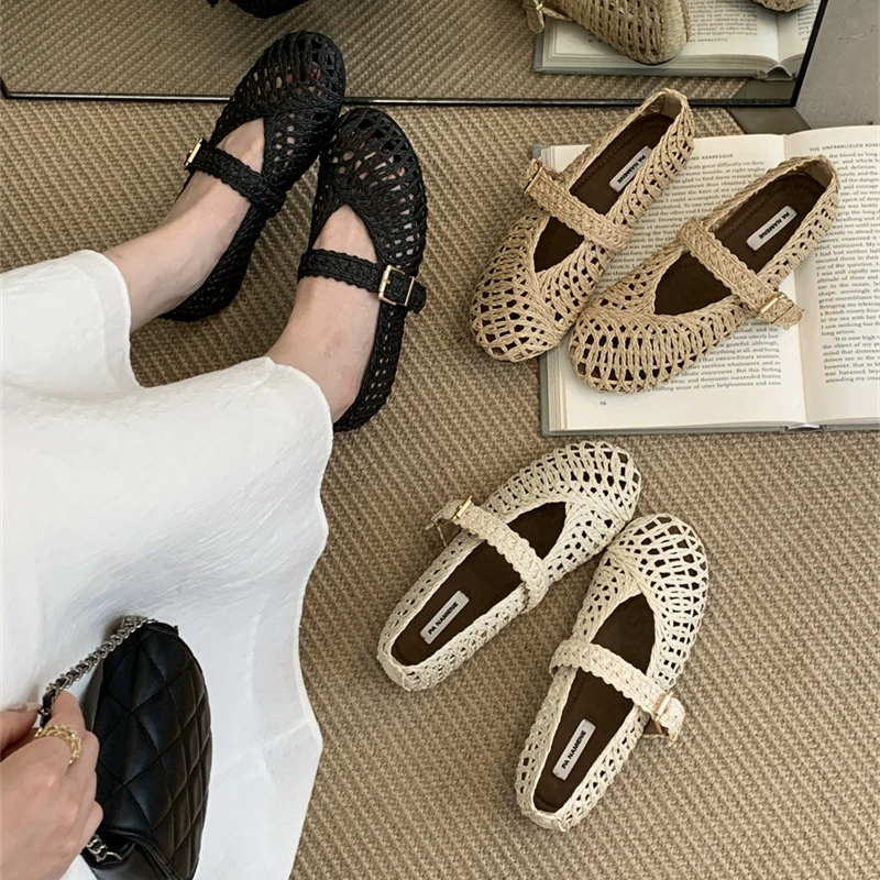 2025 новые летние плоские сетчатые туфли балетки с неглубоким вырезом на пряжке ажурные туфли Мэри Джейн мягкие плетеные сандалии