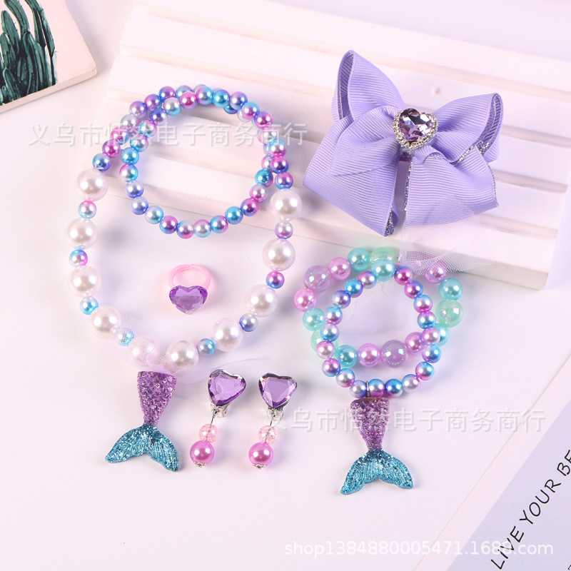 Collar para niños sirena cola collar de perlas pulsera anillo pendientes traje transfronterizo niñas bebé joyería al por mayor