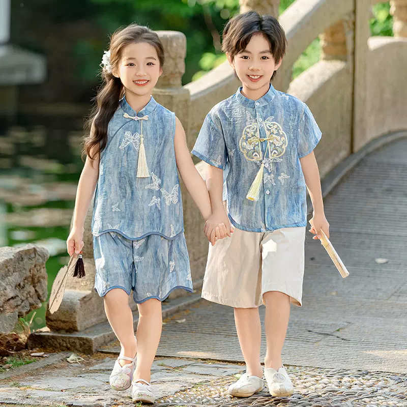 儿童新中式汉服男童唐装中国风女童古风夏季小学生六一舞蹈演出服