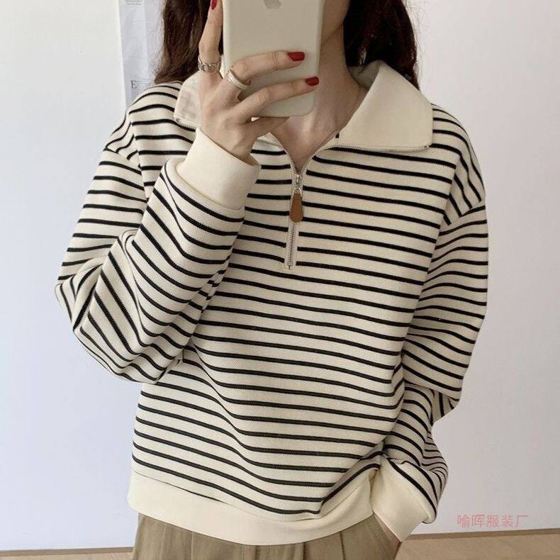 Polo Collar Sweatshirt for Women 2026 Spring and Autumn Short Jacket for Petite Figures Striped Long-Sleeve Pullover Top Trendy Polo Collar Sweatshirt for Women 2026 Spring and Autumn Short Jacket for Petite Figures Striped Long-Sleeve Pullover Top Trendy