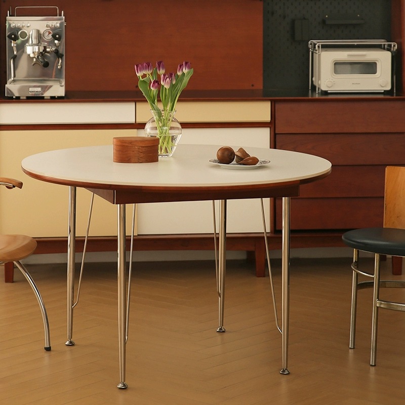 Mesa de comedor de tablero de roca retro apartamento pequeño comedor de madera maciza hogar mesa redonda patas de metal 2024 nuevo lujo ligero sensación de alta gama
