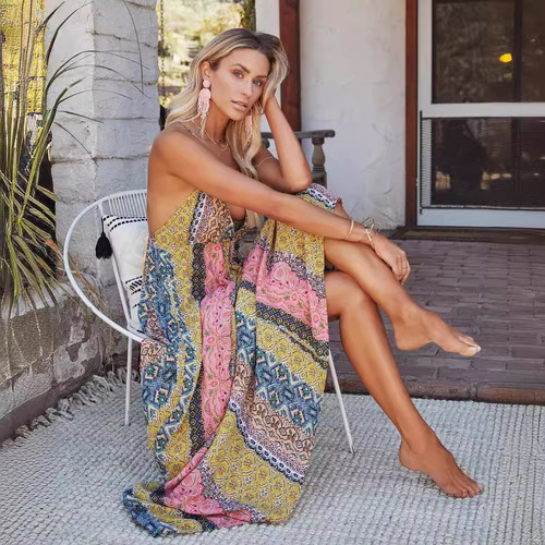 2025 Summer Amazon Wish V-Neck Backless Print Swing Dress for Women Sexy Firework