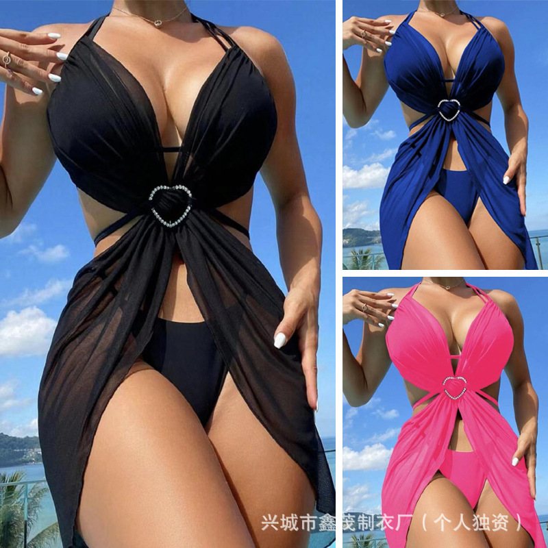 2025 New European and American Cross-Border Bikini Three-Piece Swimsuit for Women Amazon Pure Color Cut Out Halter Mesh Swimsuit
