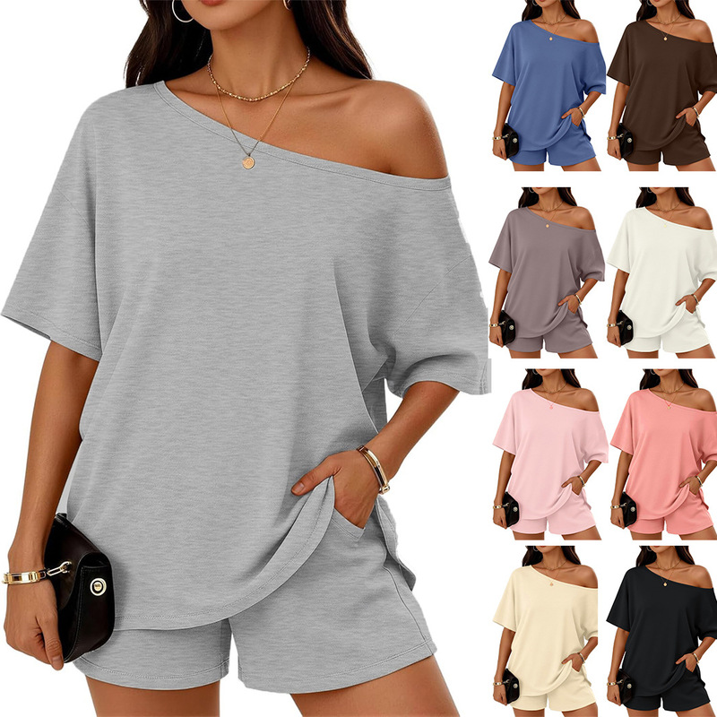 2026 Summer New Amazon European and American Foreign Trade Tk Women's Clothing 2-Piece Fashionable Casual Slant-Neck Top and Shorts Set