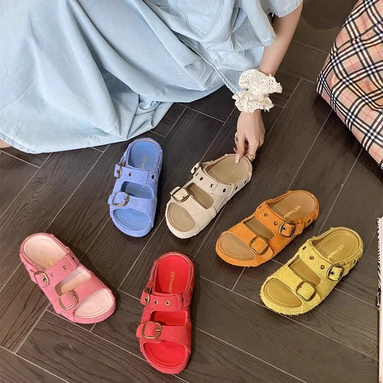 牛皮版~复古勃肯鞋小众皮带扣厚底一字拖鞋女外穿百搭沙滩凉拖鞋
