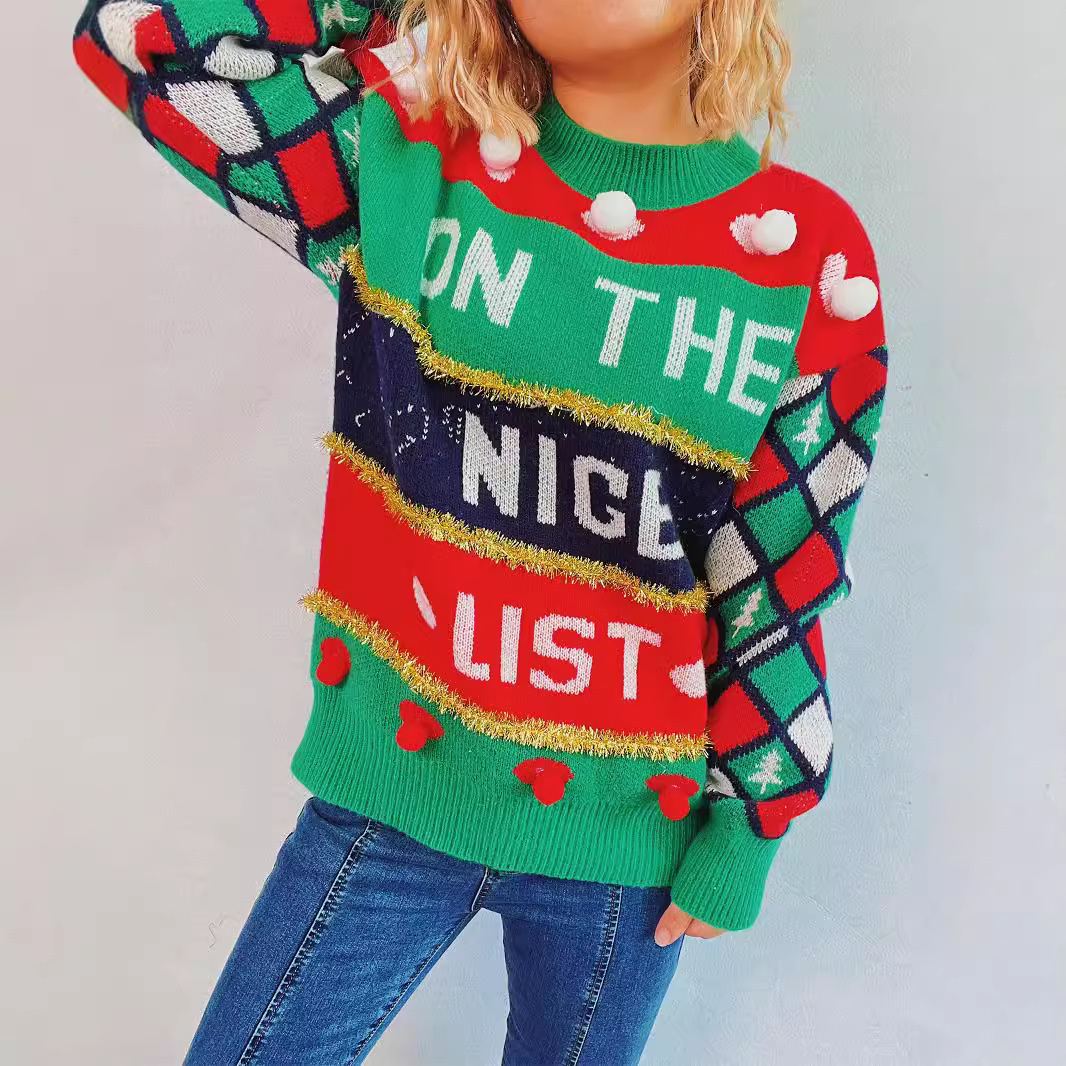 Damenbekleidung Buchstaben-Jacquard-Pullover mit goldener Linie, gestreift, lockerer Rundhalspullover, Weihnachtspullover_voghion.com