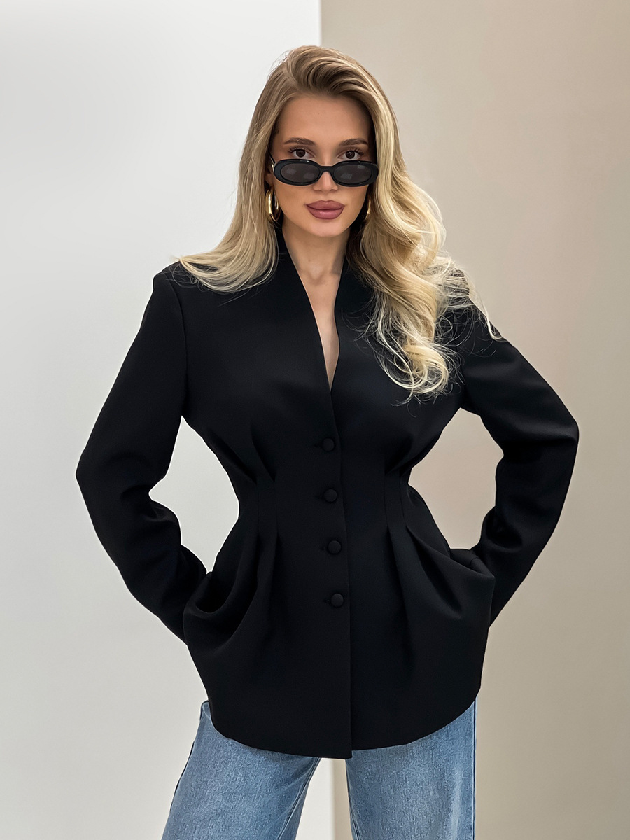 Chaqueta de Traje con Cuello en V para Mujer de Poliéster y Viscosa Corte Ajustado en la Cintura para Oficina y Trabajo