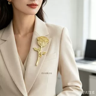 立体叶脉雕刻单支玫瑰胸花 不掉色镜面金胸针 大衣丝巾连衣裙精致