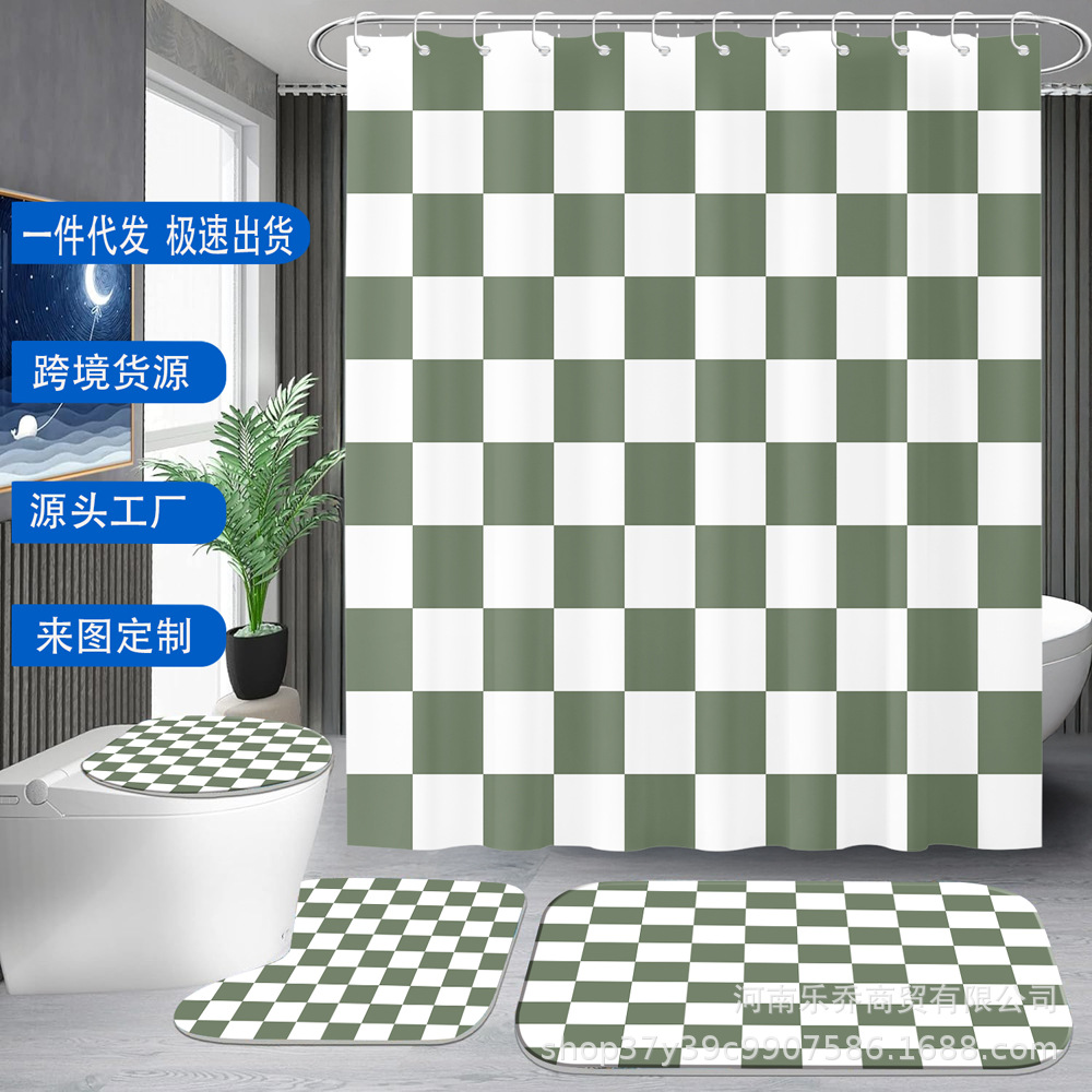 Amazon Cross-Border E-Commerce Soft Green and White Checkered Shower Curtain Four-Piece Set, Custom-Made with Beautiful Designs