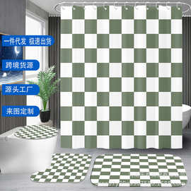 亚马逊跨境电商柔和的绿色和白色棋盘格浴帘四件套美来图一件制作