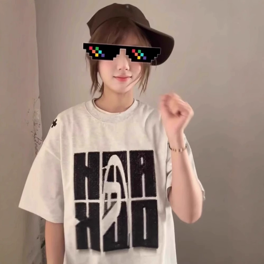 Gaojie Tide Тяжелый дизайн вышивки с короткими рукавами футболка женская хлопчатобумажная свободная нижняя рубашка oversize топ прилив