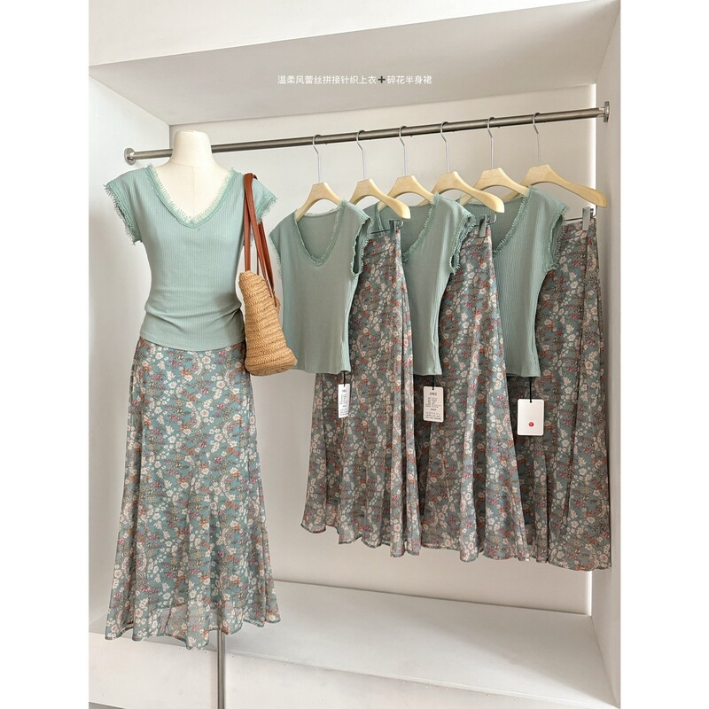 Summer Gentle Style Lace Short-Sleeved Sweater Top Floral Fishtail Half-Length Skirt Two-Piece Suit for Women