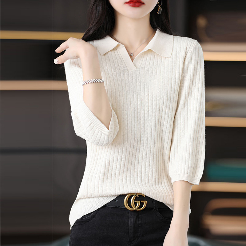 26 Autumn Combed Cotton Polo Collar Three-Quarter Sleeve Knit Top for Women, Stylish and Youthful, Loose Fit, Designer Top for Women