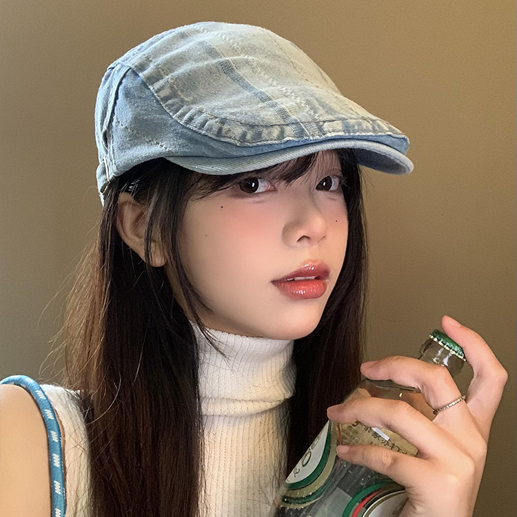 水洗牛仔前进帽女春夏款日系反戴大头围贝雷帽复古做旧画家帽子潮