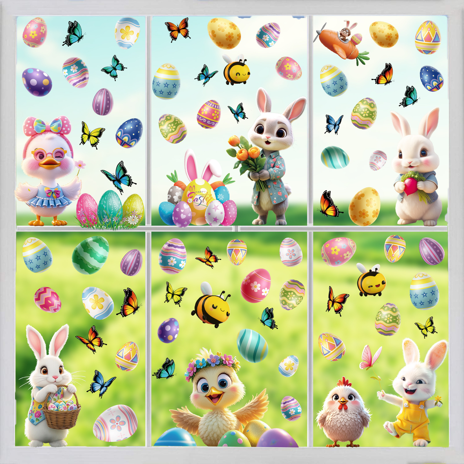 2026跨境亚马逊3D复活节兔子彩蛋小鸡静电窗贴橱窗玻璃门装饰贴画