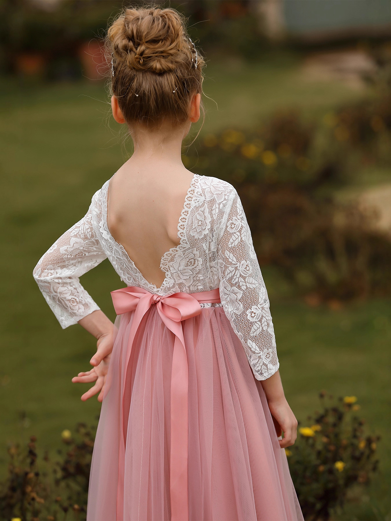 Nuevo vestido infantil europeo y americano, vestido de niña de las flores para bodas, vestido de encaje de manga larga para niñas, vestido de princesa para cumpleaños.
