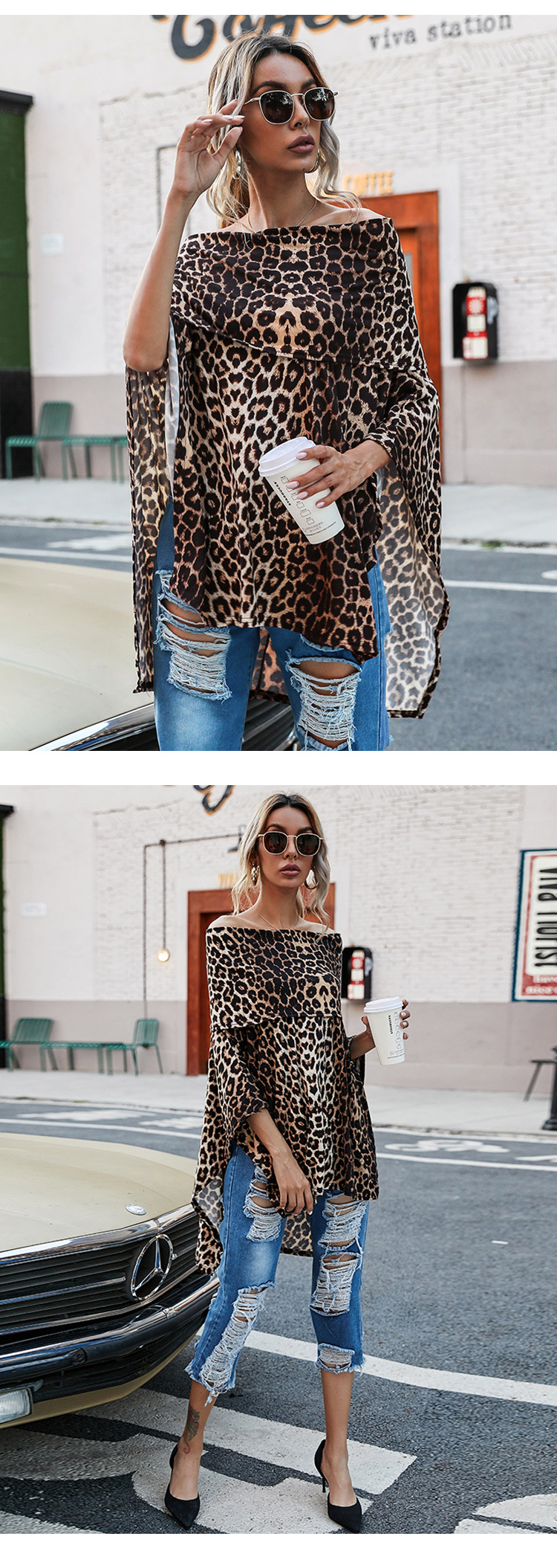 spring and summer new style one-line neck strapless sexy loose top leopard print t-shirt  NSJR29890