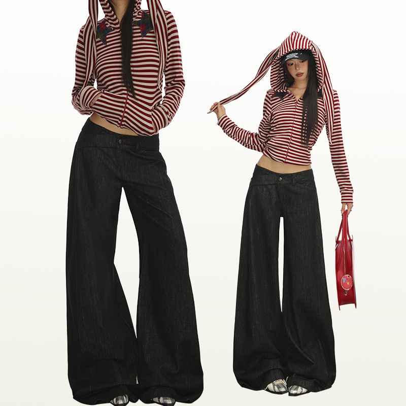Orange Silk Women's Clothing # High-Waisted Loose-Fitting Red Button-Fly Jeans for Tall Individuals, Autumn Wash, Original Color, Wide-Leg Pants.