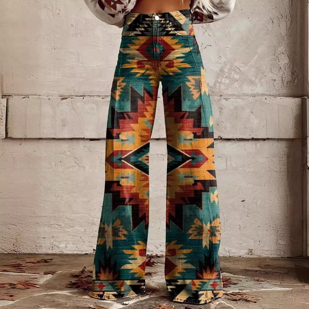 Внешняя торговля большой размер женские широкие брюки новые 3D термопереносные расклешенные брюки имитация джинсовые брюки летом тонкий